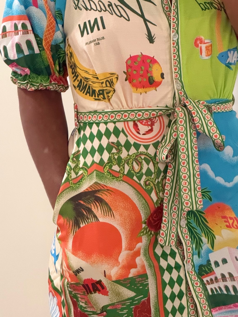 Fashion Nova Multicolor Tropical Midi Dress with Green Accents